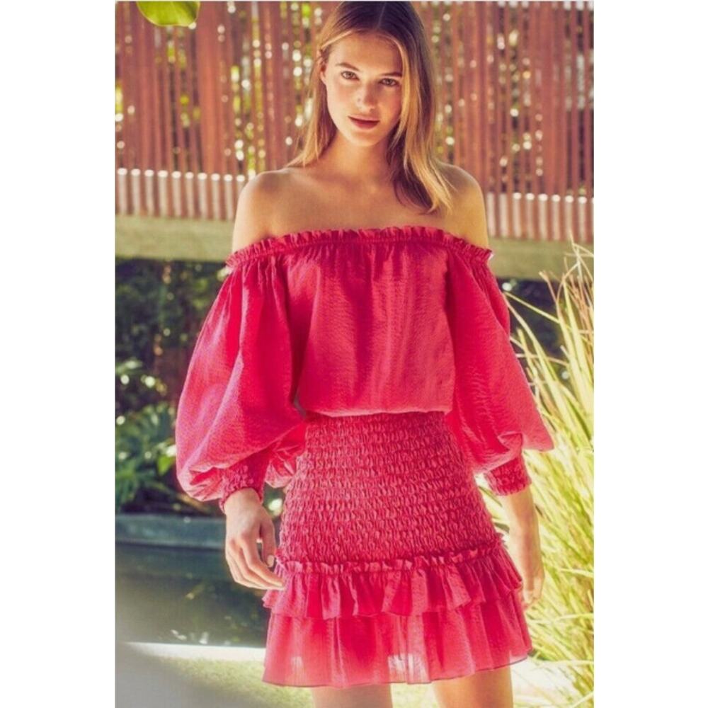 ALEXIS Marilena Smocked Off-Shoulder Mini Dress Bright Pink Orange Dot Large